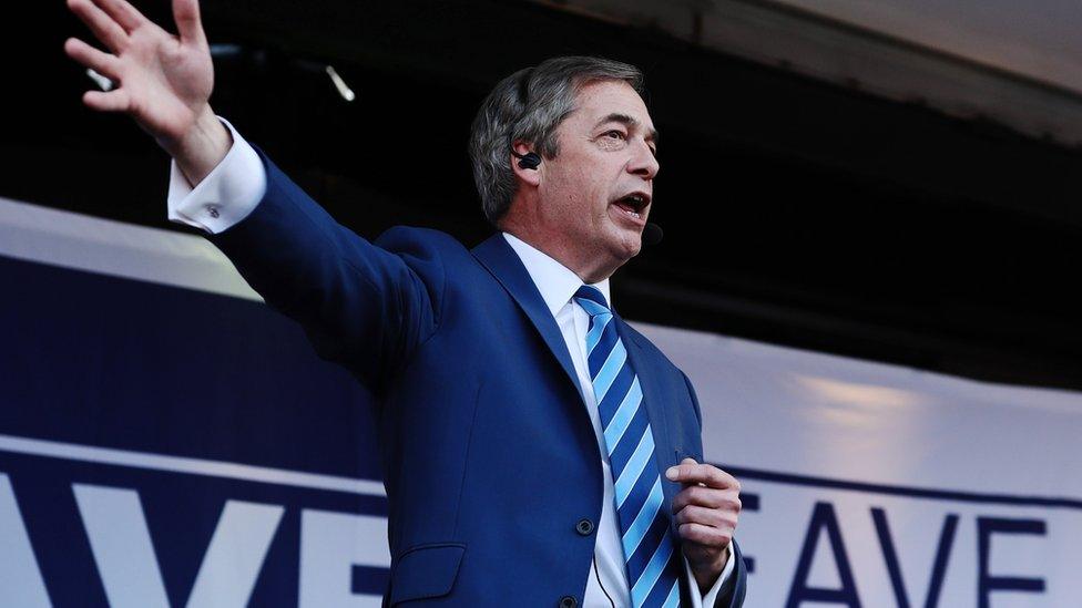 Brexit Party leader Nigel Farage addresses Pro Brexit demonstrators in central London