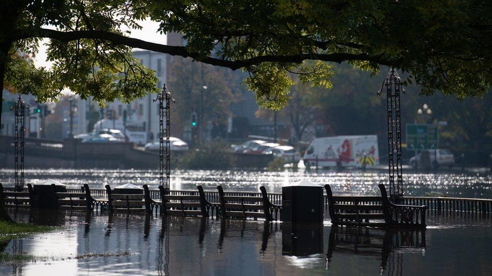 Worcester city surrounded by flood water from the River Severn