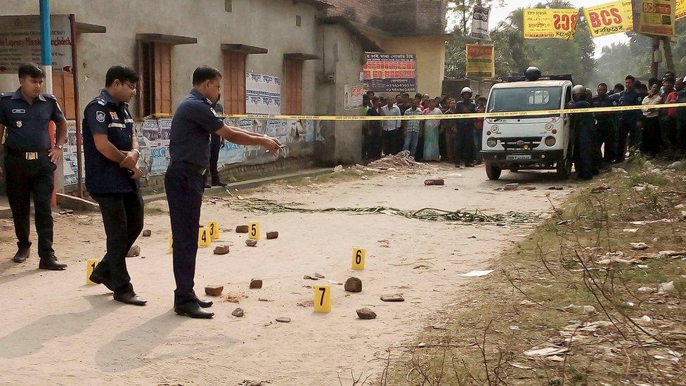 Bangladesh police inspect the site where an Italian priest was attacked at Dinajpur, 415 kilometres (260 miles) north of the capital, Dhaka, Wednesday, Nov. 18, 2015. T