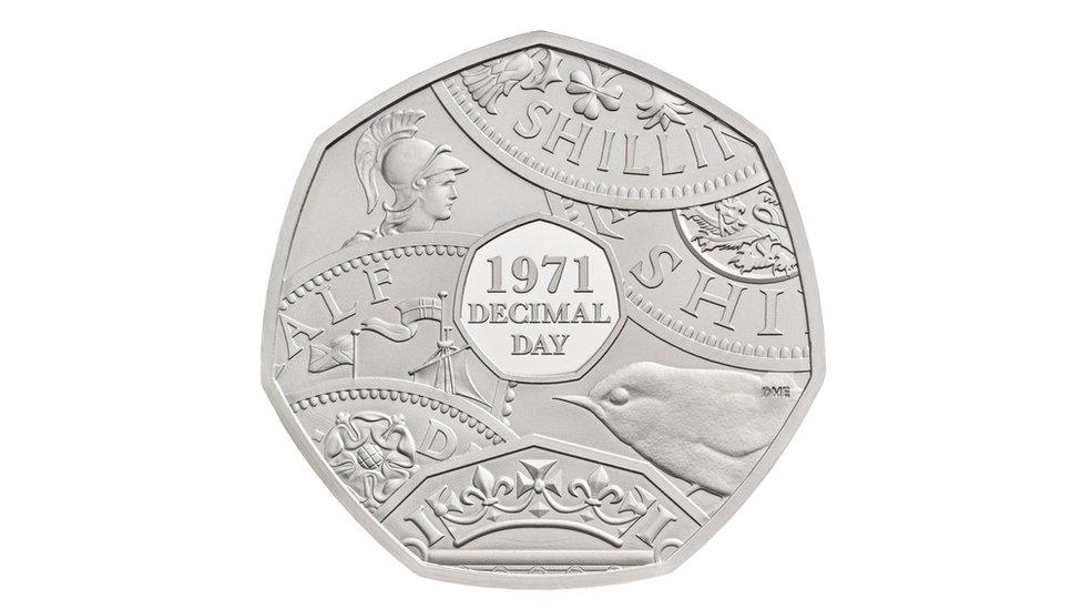 A new 50p coin commemorating the 50th anniversary of Decimal Day