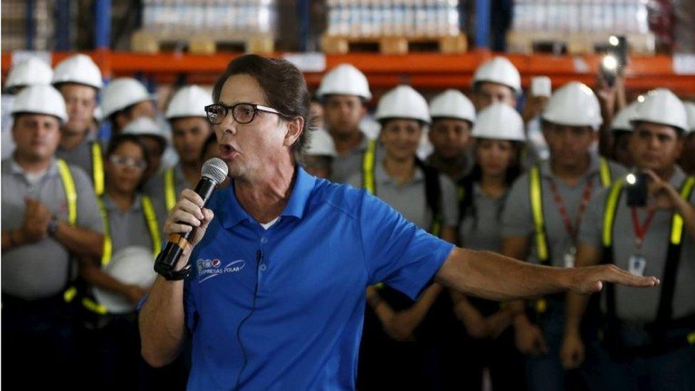 Lorenzo Mendoza, president of Venezuela's largest private food production company Empresas Polar, speaks during a news conference at a distribution centre of the company in Maracay, Venezuela on 27 October, 2015