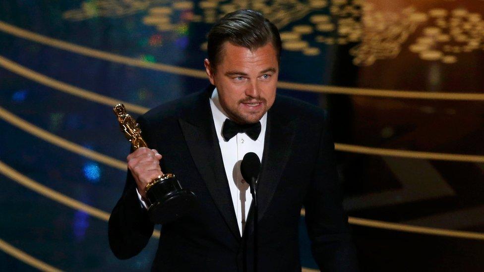 Leonardo DiCaprio holds the Oscar for Best Actor for the movie 'The Revenant' at the 88th Academy Awards in Hollywood, California February 28, 2016.