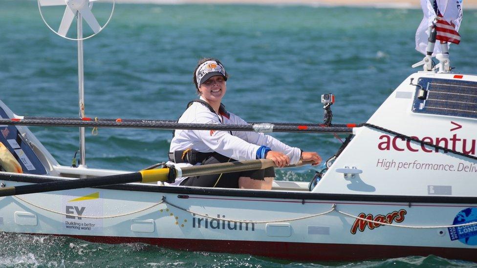 Sarah Outen on board her boat Happy Socks in Cape Cod