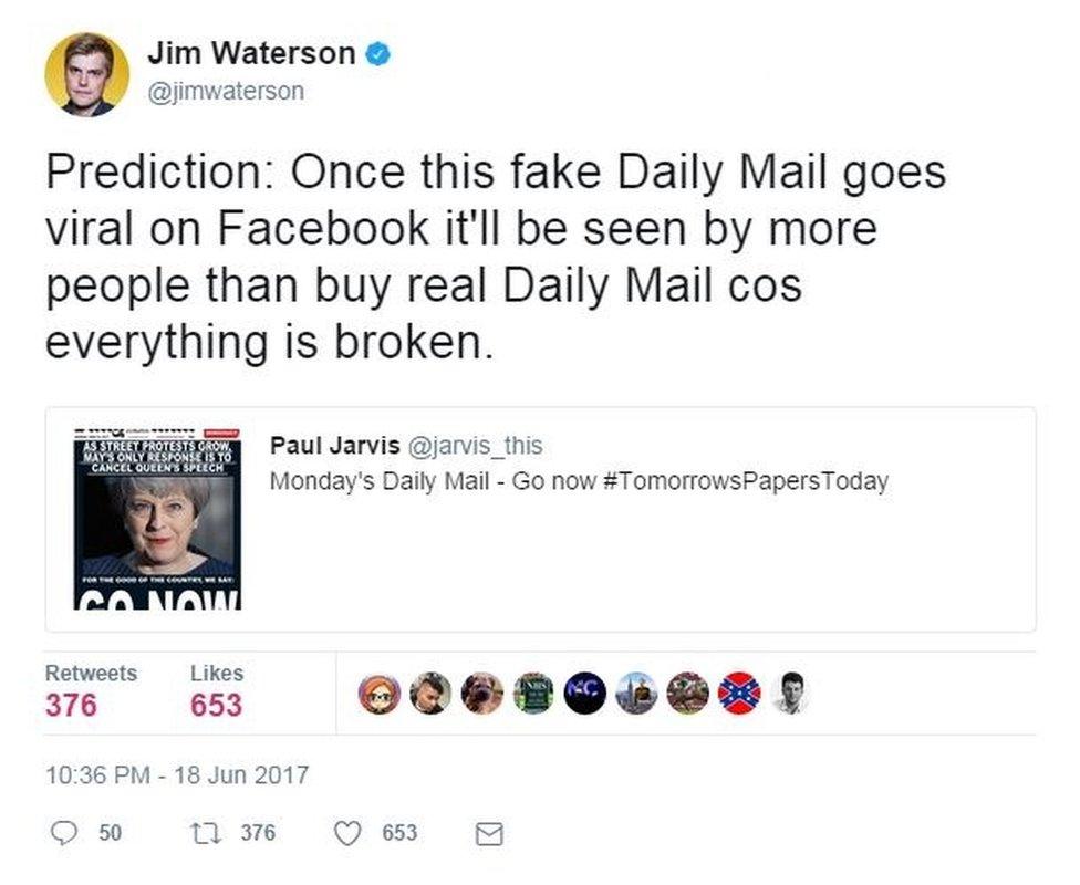 Jim Waterson comments: once this goes viral on Facebook more people will see it than buy the real Daily Mail