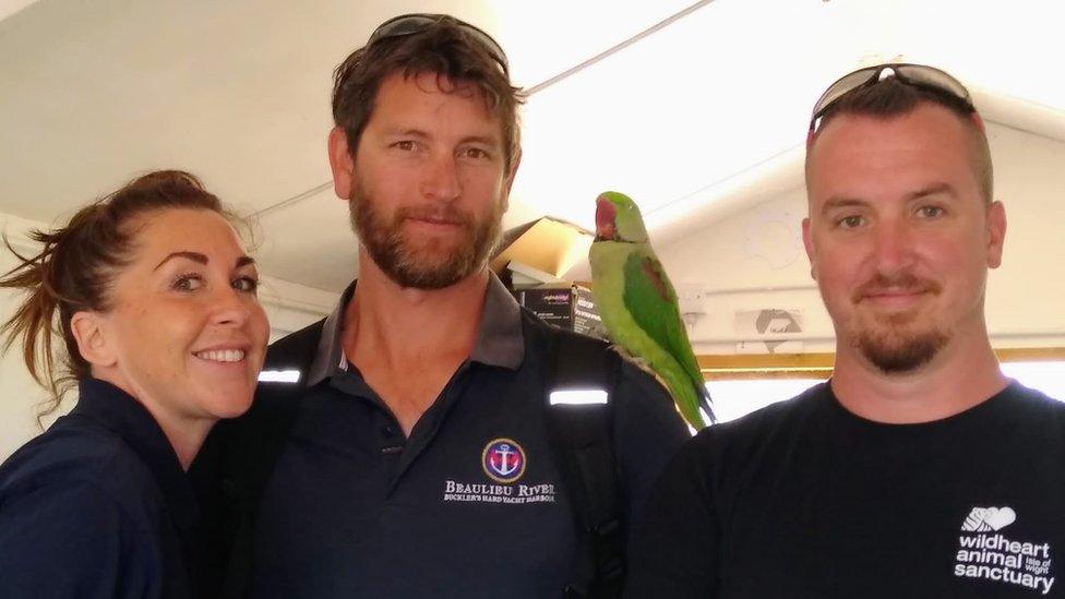 The Beaulieu River team with Miguel the parrot.