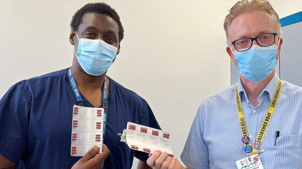 James Paget's paediatric nurse practitioner Clive Ellis (l) and Dr John Chapman with packs of the Palforzia drug