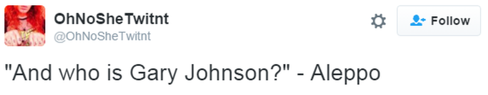 A tweet reads: "And who is Gary Johnson?" - Aleppo"