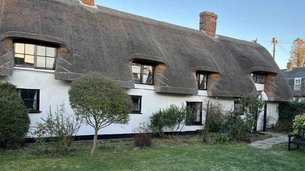 White thatched cottage with small trees in front.