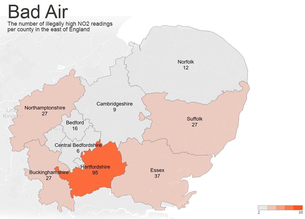 The number of illegally high readings in the various counties of the east of England