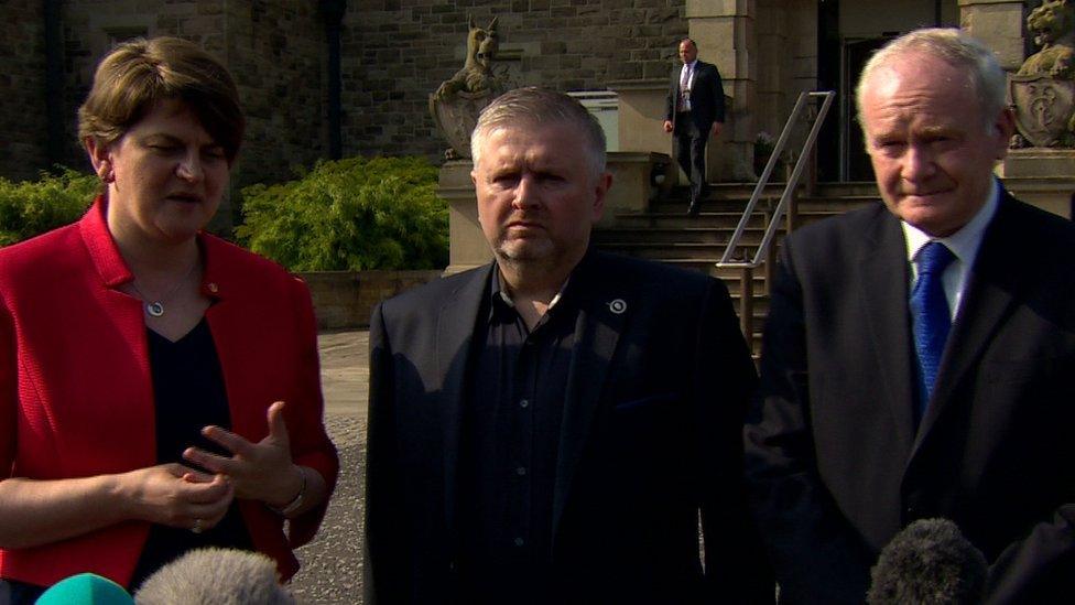 Arlene Foster, Fr Gary Donegan and Martin McGuinness