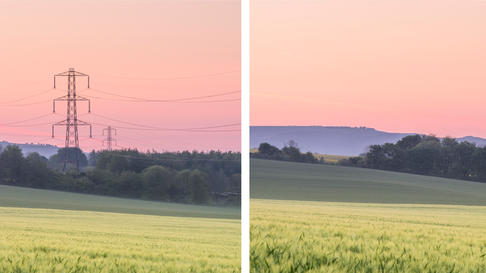 One shot of the landscape with rolling green fields with the pylons, then the same scene without