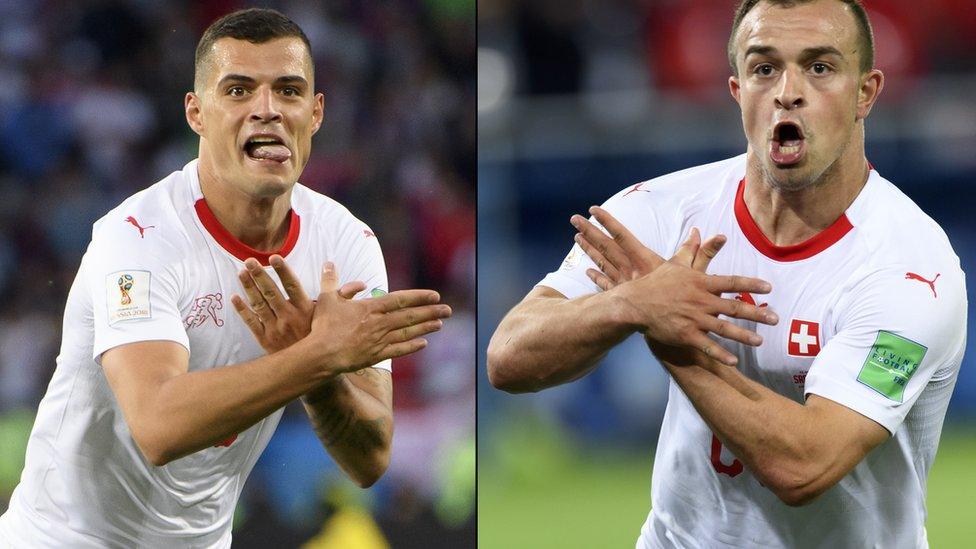 A combination of two pictures shows the celebration for the first goal by Granit Xhaka (L), and for the victory goal by Xherdan Shaqiri