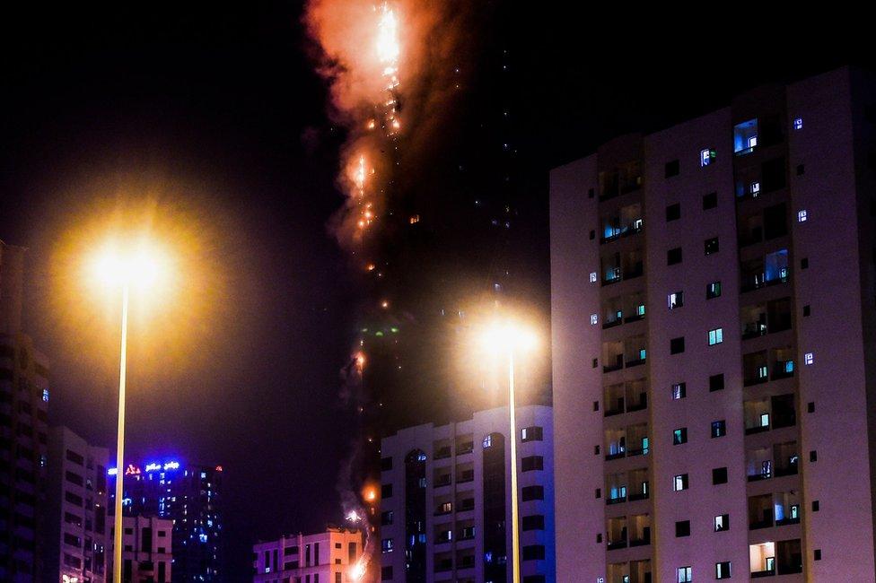 Photo showing the Abbco Tower, a 49-storey residential building, on fire in Sharjah (5 May 2020)