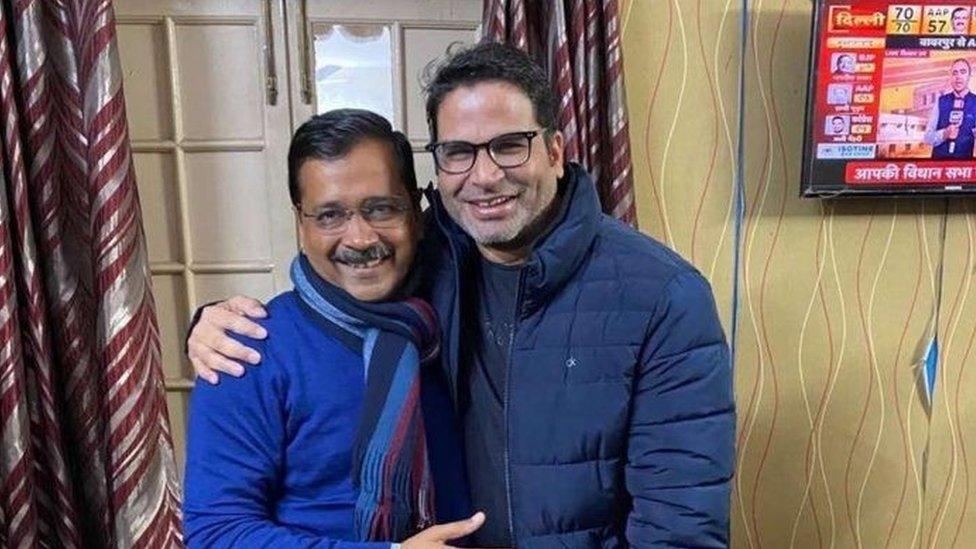 Delhi CM Arvind Kejriwal and political strategist Prashant Kishor at the AAP office in New Delhi