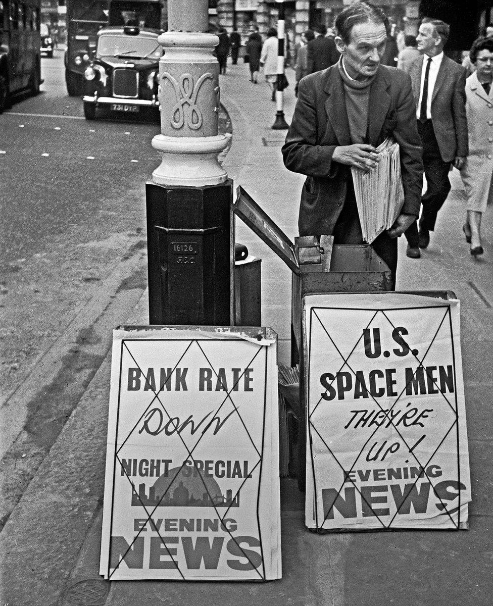 Newspaper seller on Regent Street, London, 1965