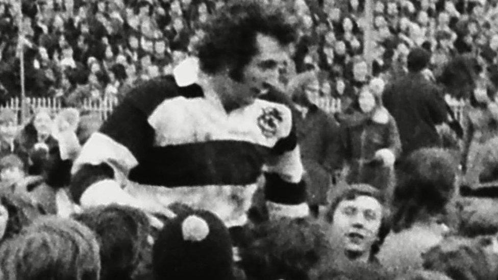 Gareth Edwards is carried aloft after the final whistle of the game in which he scored his famous try