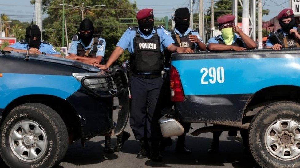 Police block the entrance of Divine Mercy Catholic Church in Managua, Nicaragua July 14, 2018.