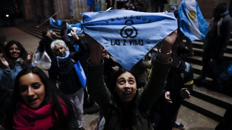 People against the legalization abortion demonstrate in front of the University of Buenos Aires's Faculty of Law in Buenos Aires, Argentina, 06 August 2018