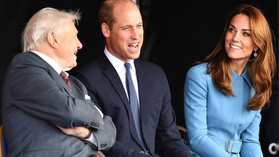 The Duke and Duchess of Cambridge sit with Sir David Anttenborough.