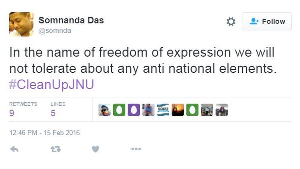 In the name of freedom of expression we will not tolerate about any anti national elements. #CleanUpJNU