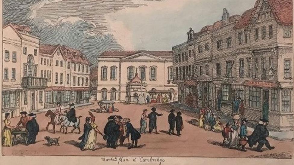 Thomas Rowlandson's view of Market Place, Cambridge, 1801