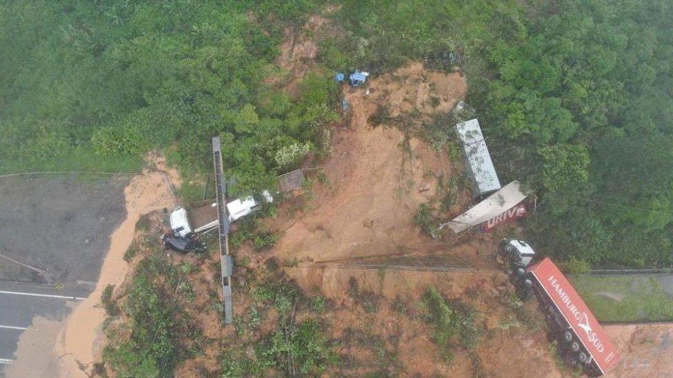 An aerial view shows a landslide in BR-376 federal road after heavy rains in Guaratuba, Parana state, Brazil November 29, 2022.