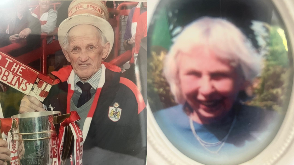 Two images side by side of an elderly couple. The photograph on the left shows an old man wearing a Bristol City football top hat and coat while holding a silver trophy with red and white ribbons tied on it. On the right is an old photograph in a white frame of an old woman smiling. She has short grey hair and is wearing a blue top and a silver necklace. There are trees behind her.