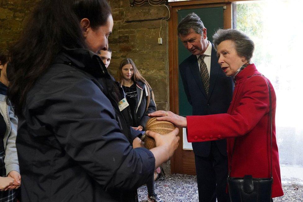 Princess Anne touching an armadillo