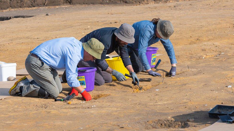 Volunteers excavating the postholes of the hall