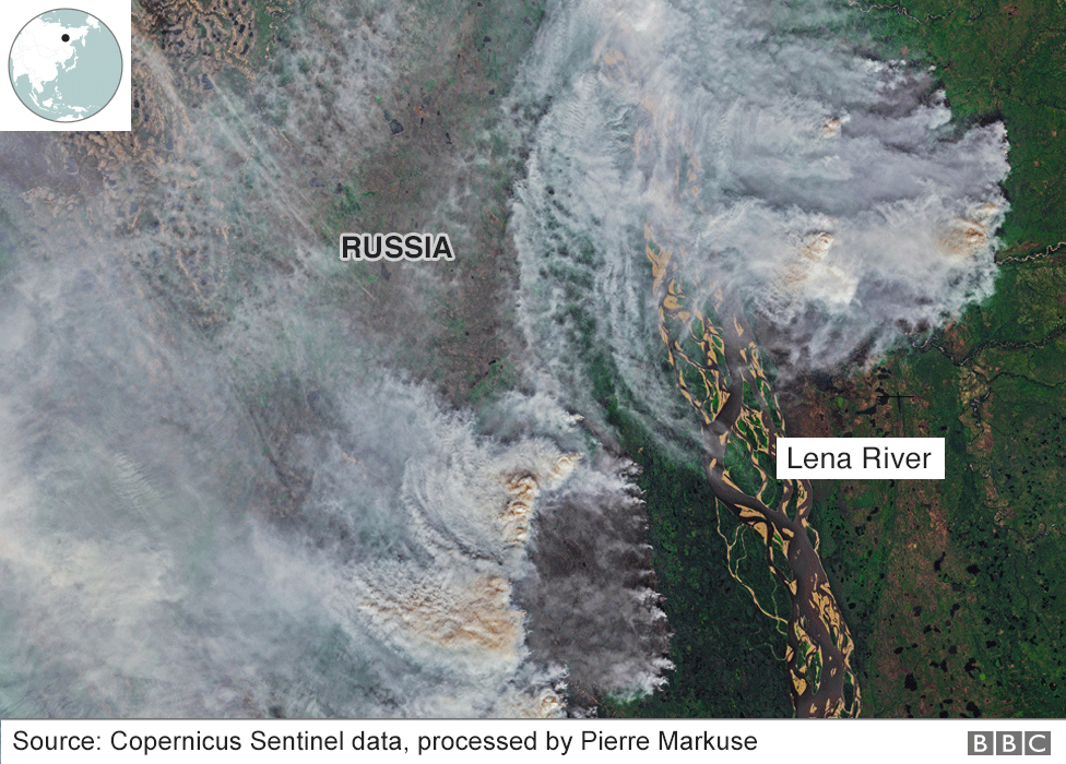 Satellite image showing wildfires in Siberia