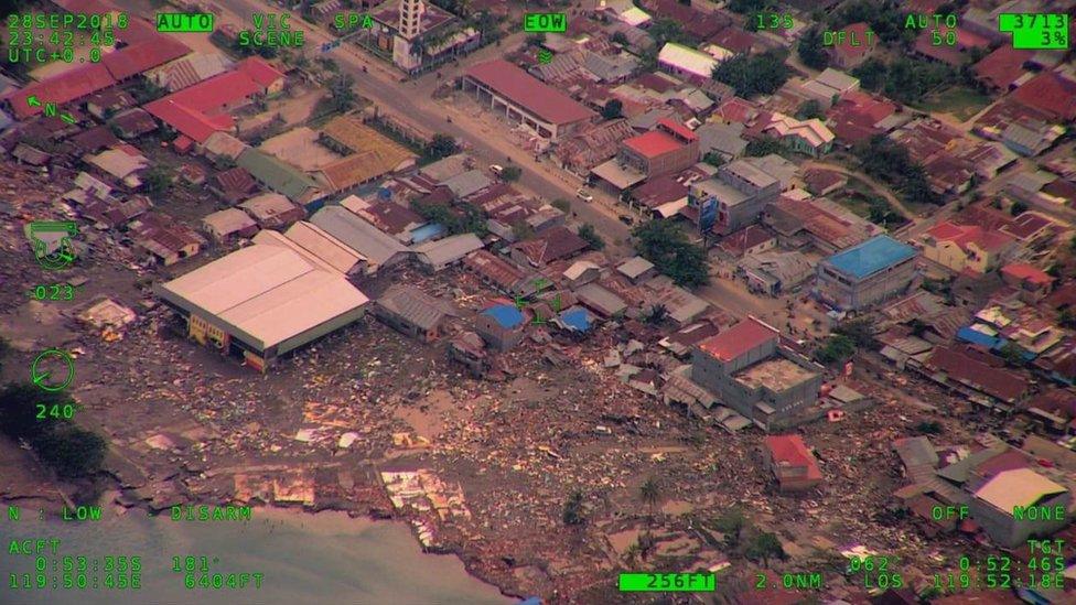 A residential area with some houses reduced to rubble in Palu city, central Sulawesi, Indonesia on 29 September 2018.