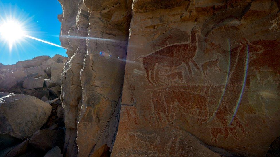 In the foreground drawings of pregnant llamas on a rock in Chile, the sun shines brightly in the background