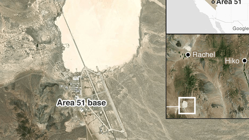 A map showing where Area 51 is in relation to the towns of Rachel and Hiko