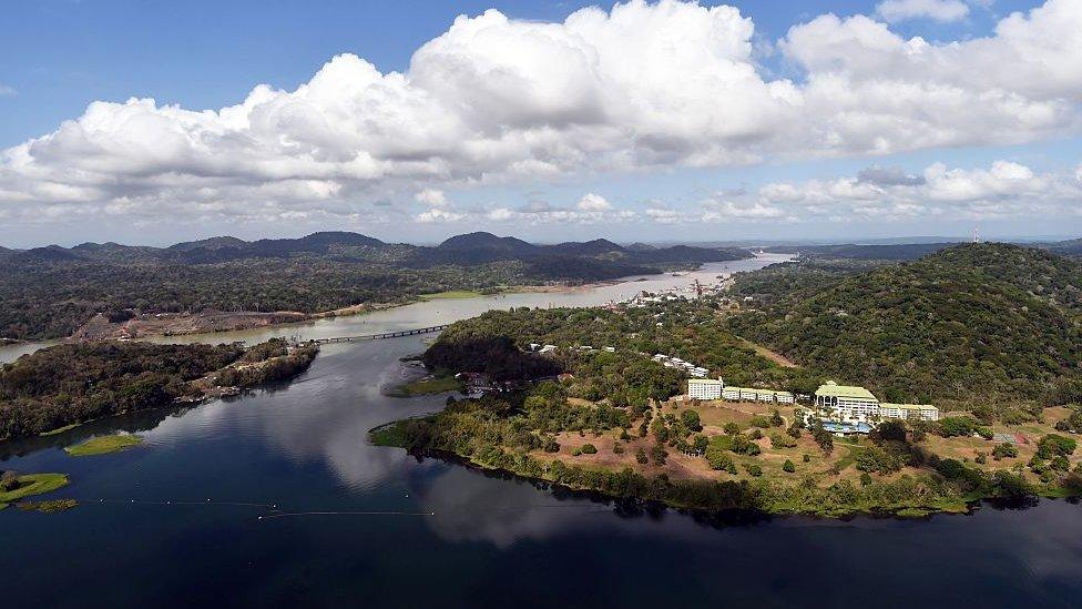 Aerial view of the Panama Canal and Gatún Lake