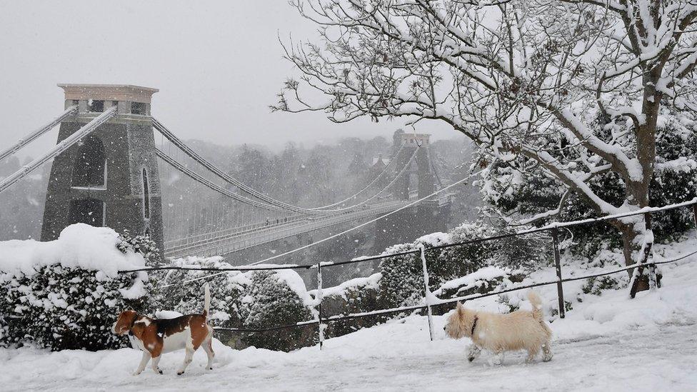 Snowy scene at Clifton suspension bridge, Bristol