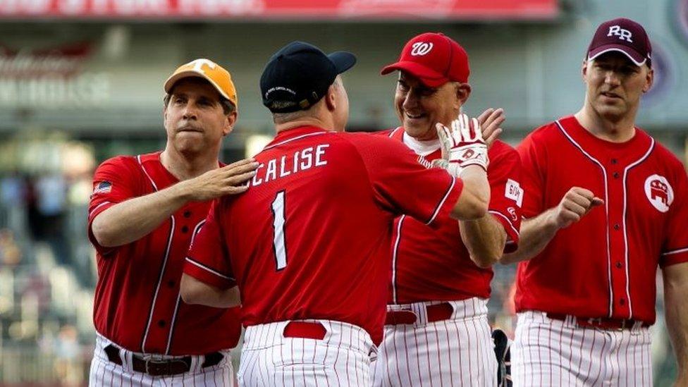 Steve Scalise at the congressional baseball game 2019