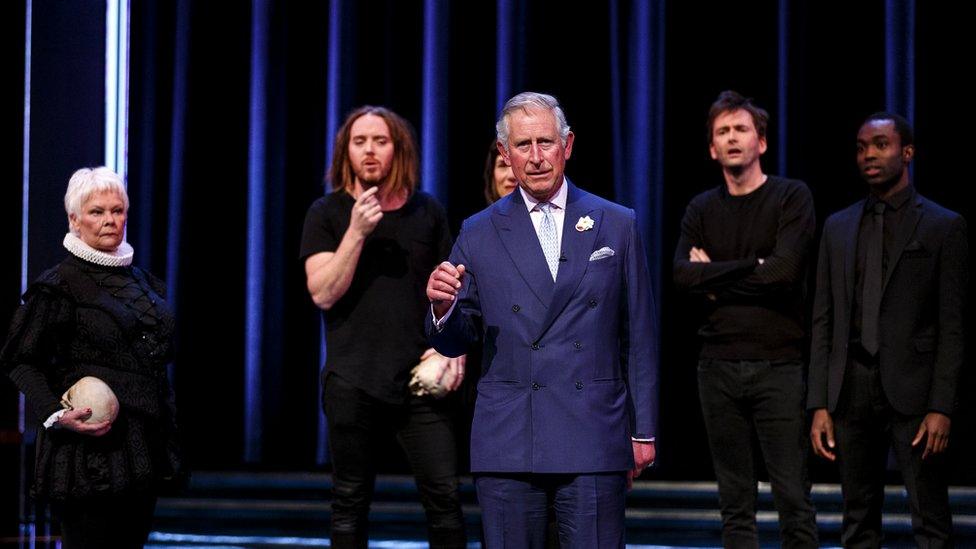 Judi Dench, Tim Minchin, Prince Charles, Harriet Walter, David Tennant and Paapa Essiedu onstage at the RSC.