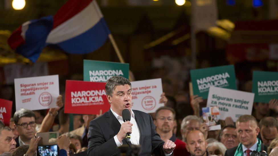 Centre-left leader Zoran Milanovic talks to supporters at a rally in Zagreb on 7 Sept