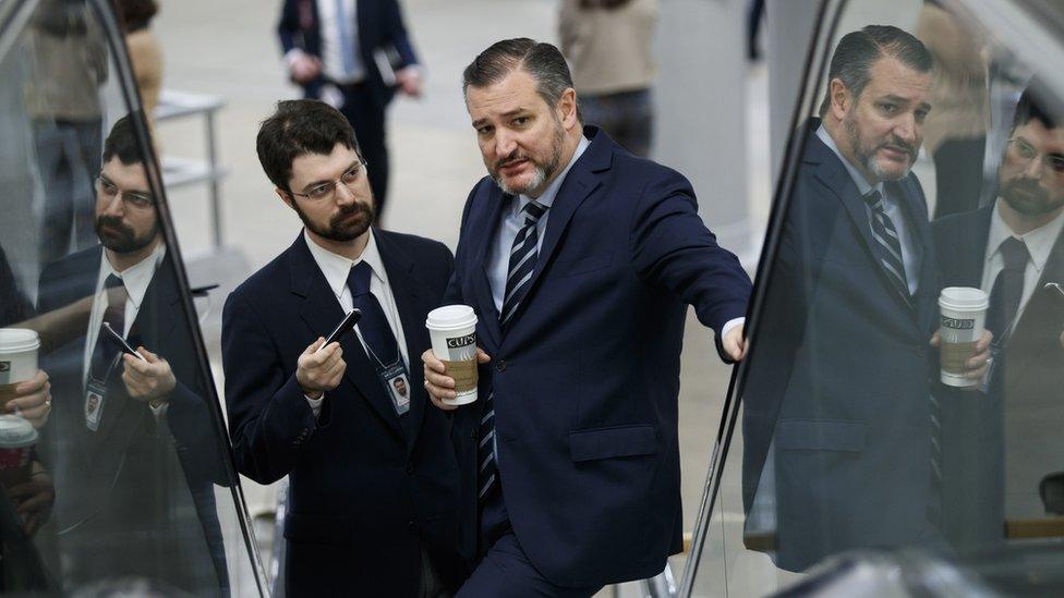 A bearded Ted Cruz riding an elevator