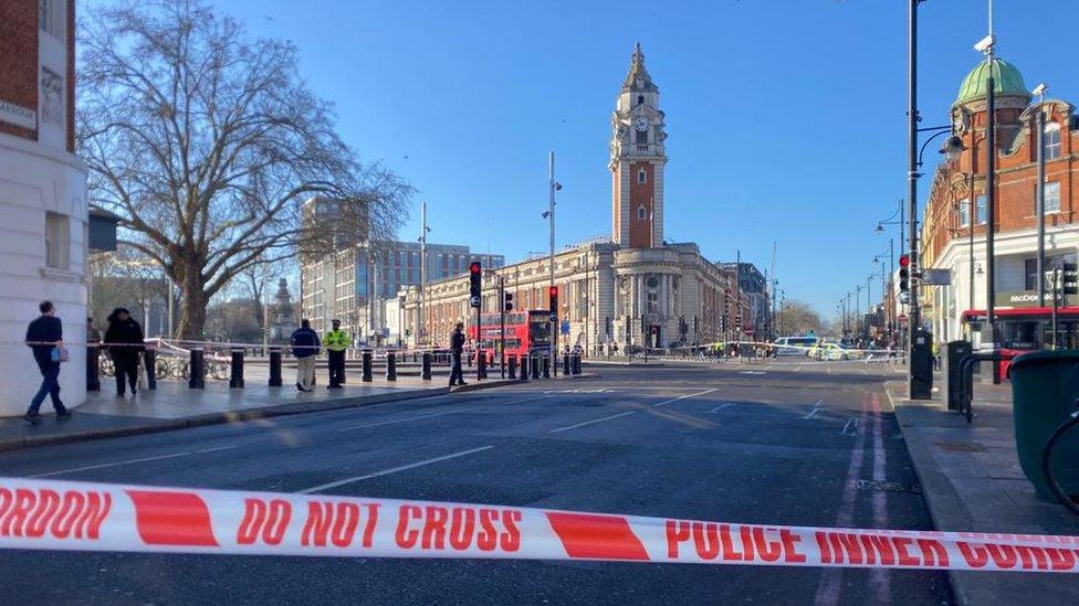 View of police cordon from Coldharbour Lane