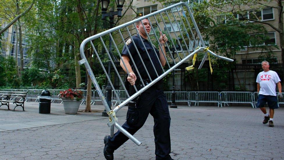 NYPD officers set up barricades outside United Nations Headquarters in New York on September 18, 2016.