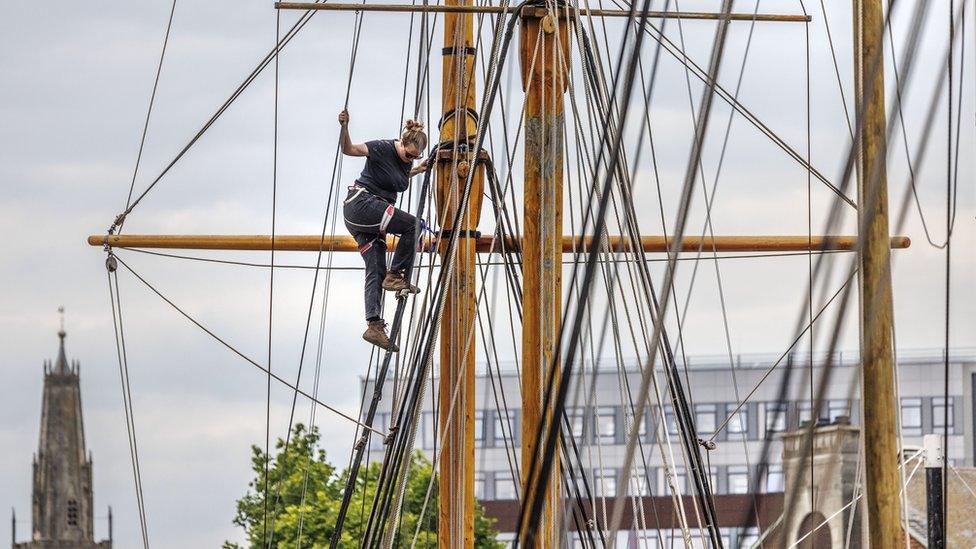 Crew member in the rigging at Gloucester Tall Ships Festival