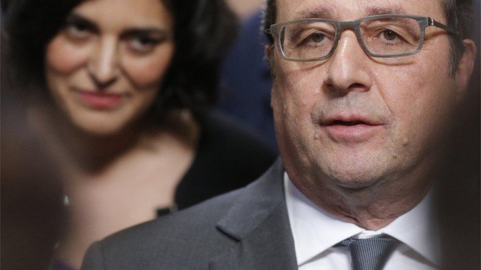 French President Francois Hollande stands next to Labour Minister Myriam El Khomri during a visit at the Forsee Power company in Moissy-Cramayel near Paris, France, 10 March 2016