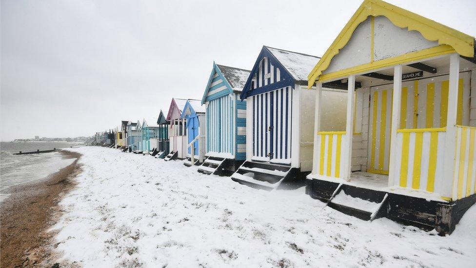 Snow on beach at Thorpe Bay, Essex