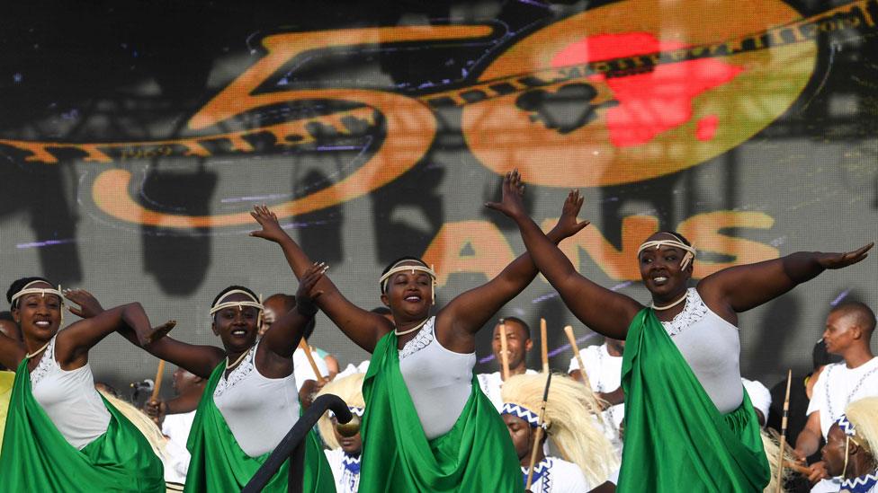 Rwanda"s artists perform on stage during the opening ceremony of the FESPACO Panafrican Film and Television Festival of Ouagadougou, in Burkina Faso, on February 23, 2019.