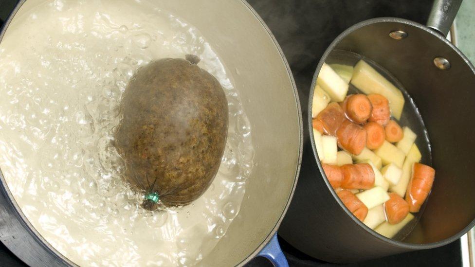 A haggis being boiled