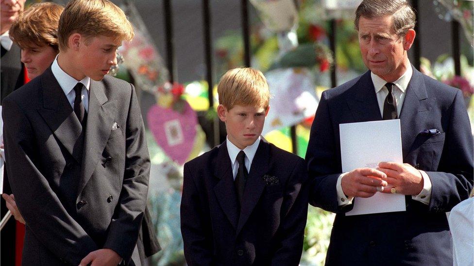 Prince William, Prince Harry and Prince Charles at Diana's funeral