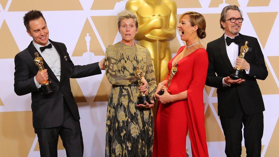 Left-right: Sam Rockwell, Frances McDormand, Allison Janney, Gary Oldman