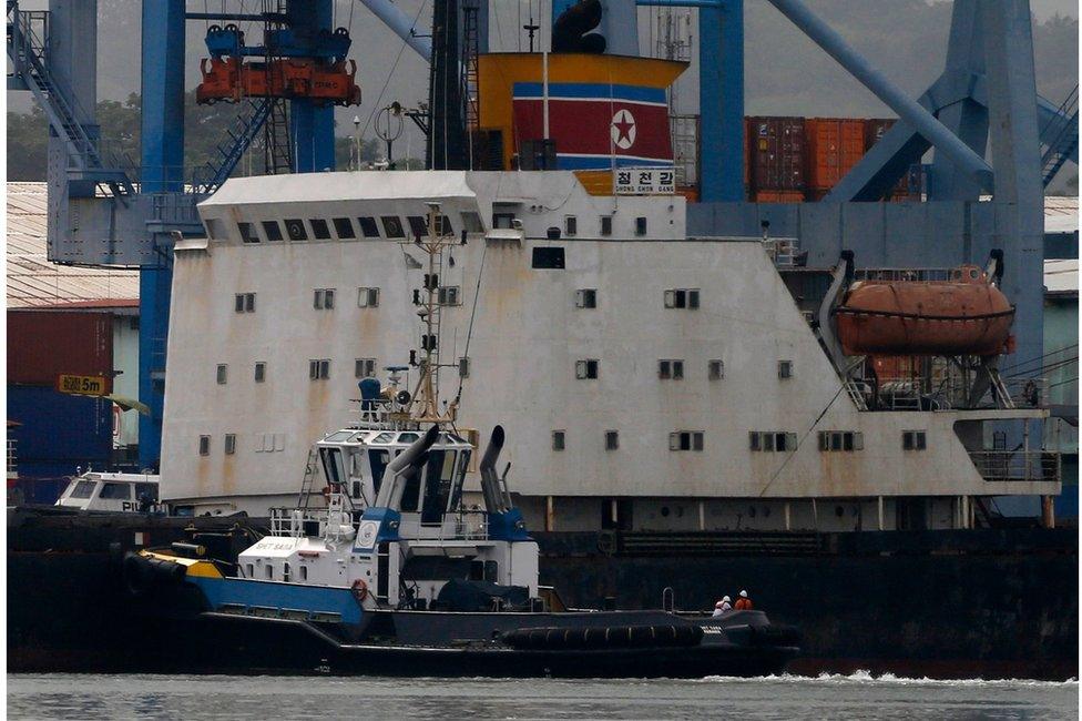 A tugboat is seen next to North Korean container ship Chong Chon Gang at the Manzanillo International Container Terminal in Colon City, Panama in July 2013