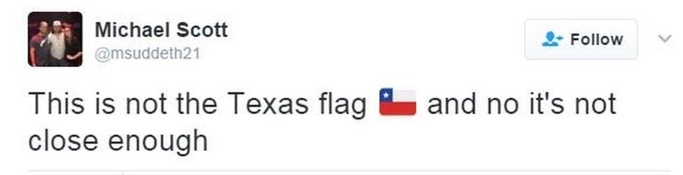 Tweet saying, "This is not the Texas flag, and not it's not close enough"